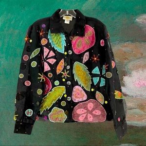 Vintage SANDY STARKMAN sheer black multicolor floral appliqué silk blouse S